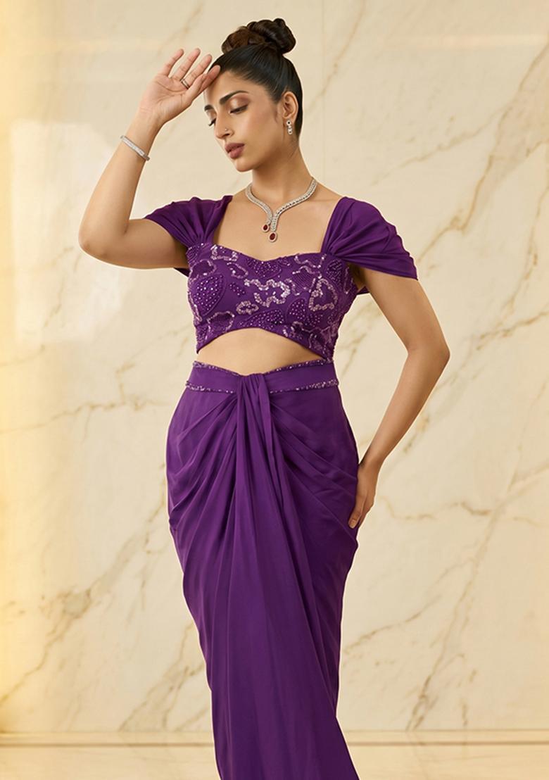 Purple Embroidered Handwork Fusion Set - Indya