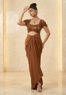 Brown Embroidered Handwork Fusion Set
