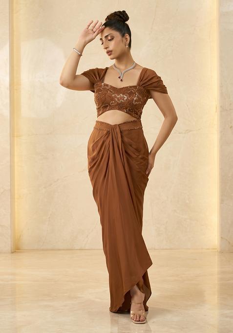 Brown Embroidered Handwork Fusion Set