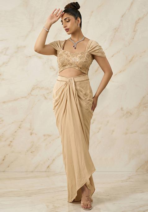 Beige Embroidered Handwork Fusion Set