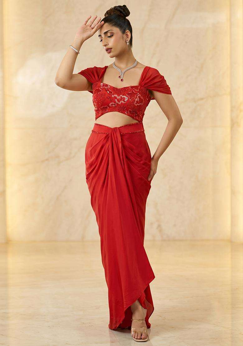 Red Embroidered Handwork Fusion Set - Indya