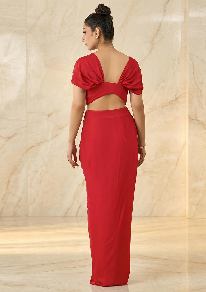 Red Embroidered Handwork Fusion Set - Indya