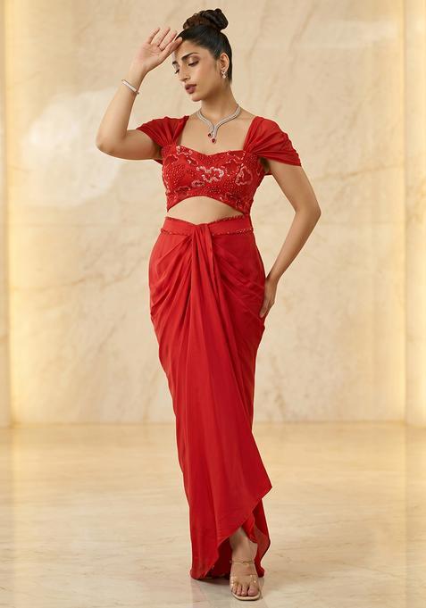 Red Embroidered Handwork Fusion Set
