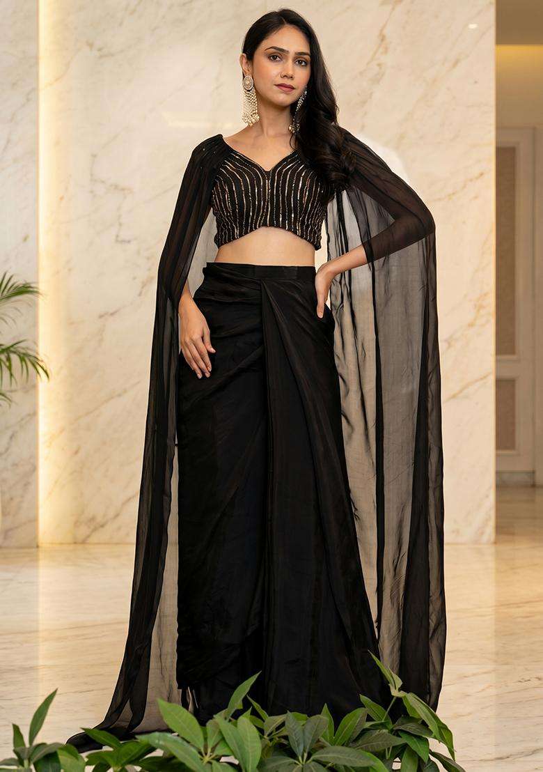 Black Embroidered Handwork Fusion Set - Indya