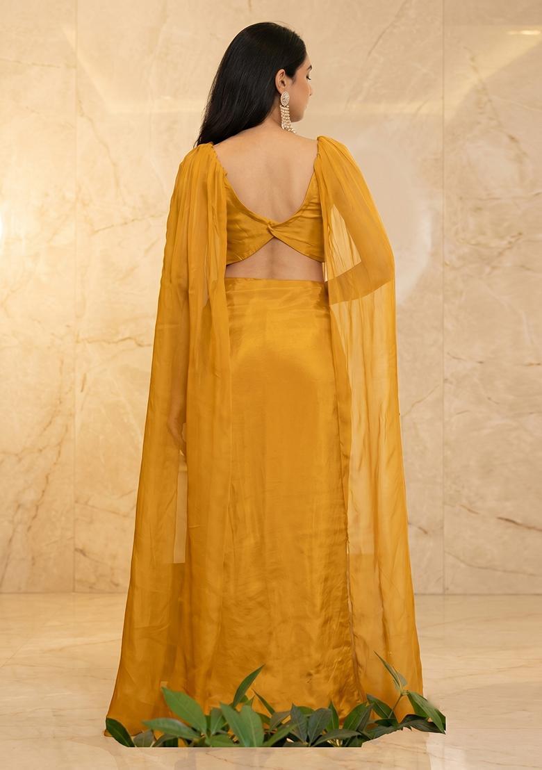 Mustard Embroidered Handwork Fusion Set - Indya