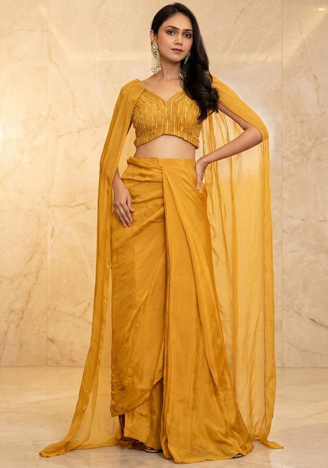 Mustard Embroidered Handwork Fusion Set