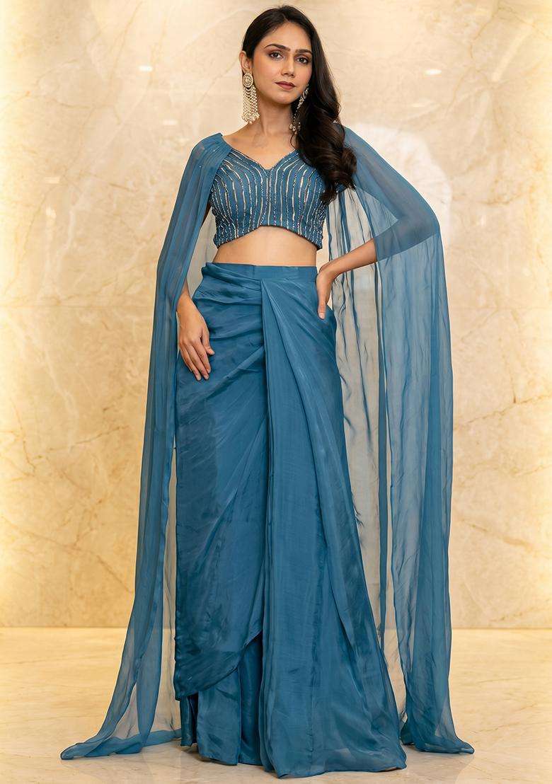 Teal Embroidered Handwork Fusion Set - Indya