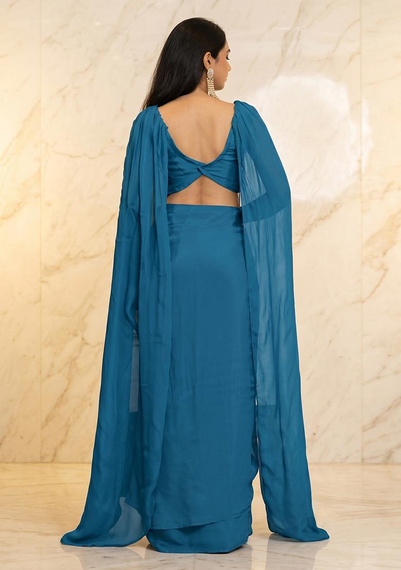 Teal Embroidered Handwork Fusion Set - Indya