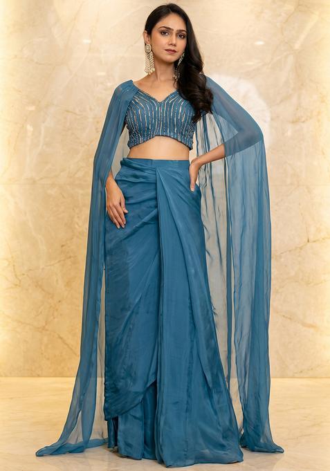 Teal Embroidered Handwork Fusion Set