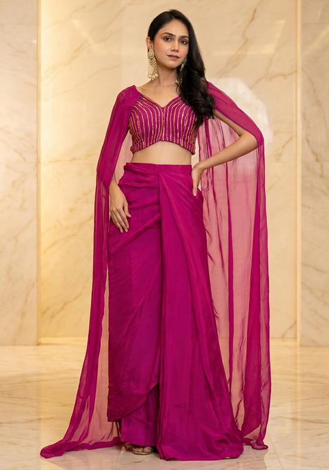 Rani Pink Embroidered Handwork Fusion Set