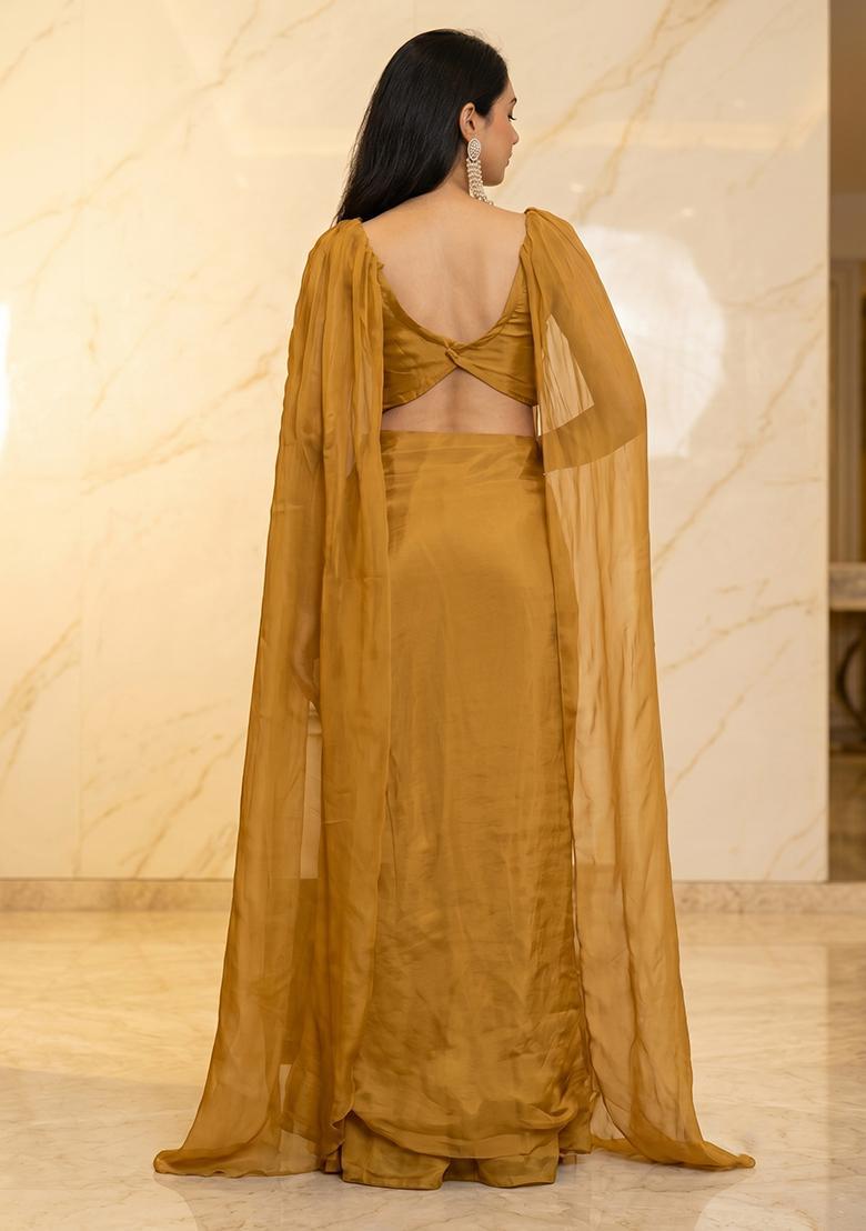 Honey Mustard Embroidered Handwork Fusion Set - Indya