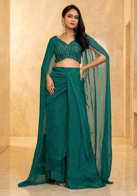 Bottle Green Embroidered Handwork Fusion Set