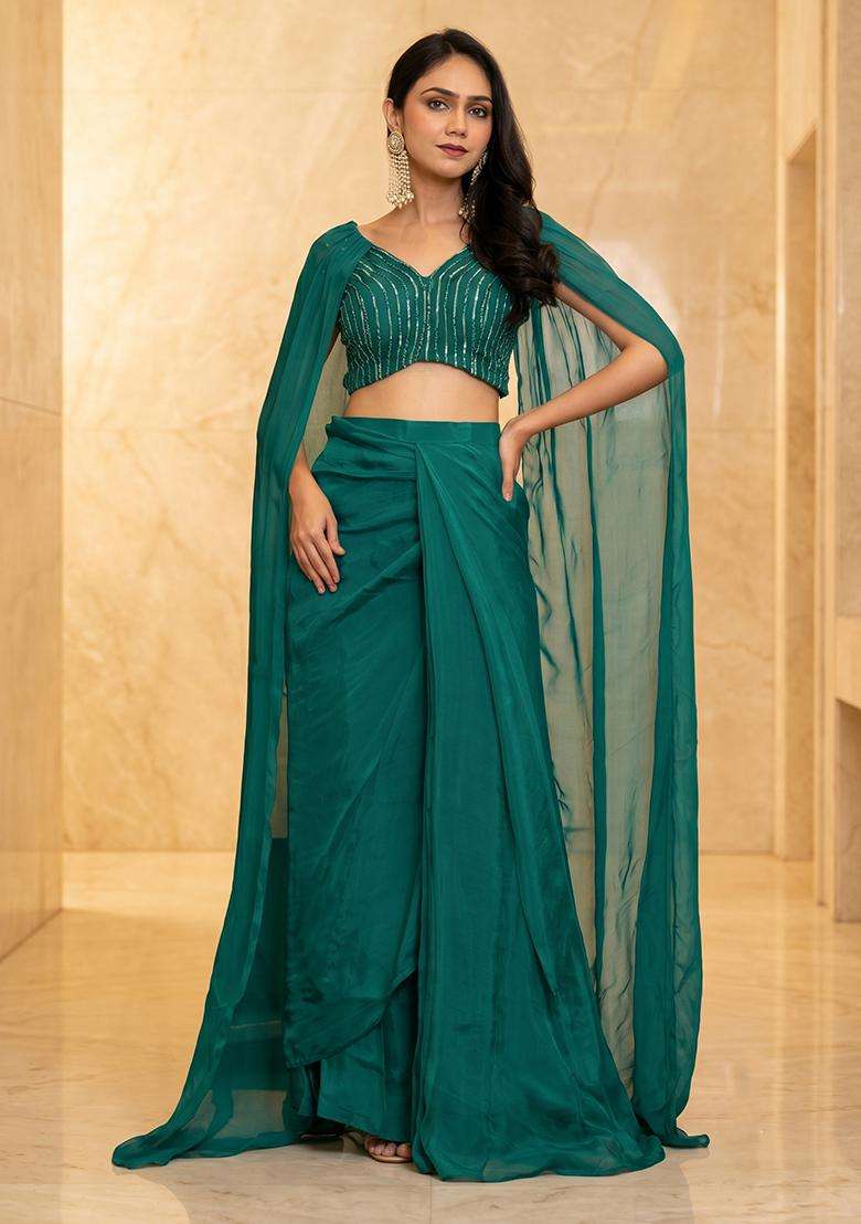 Bottle Green Embroidered Handwork Fusion Set - Indya