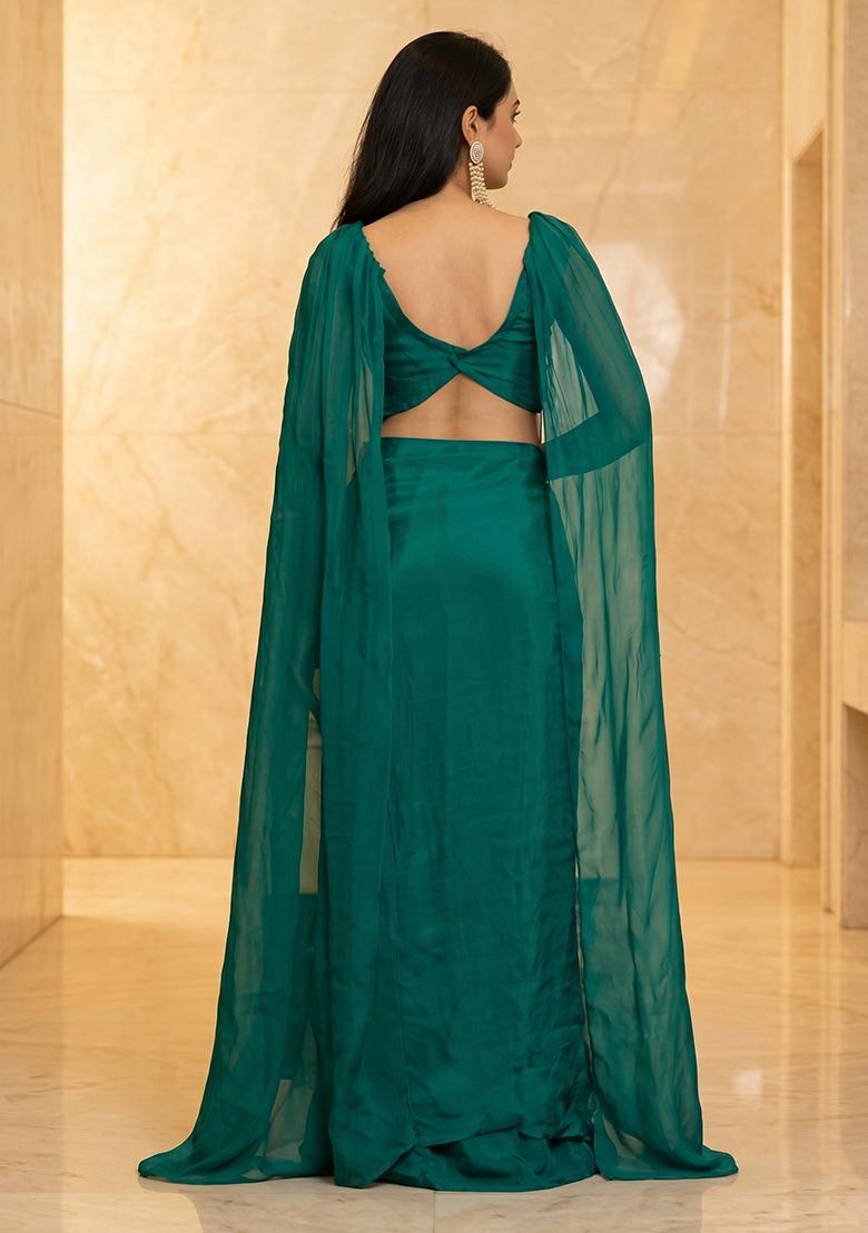 Bottle Green Embroidered Handwork Fusion Set - Indya