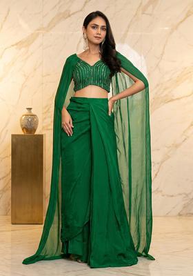 Emerald Green Embroidered Handwork Fusion Set