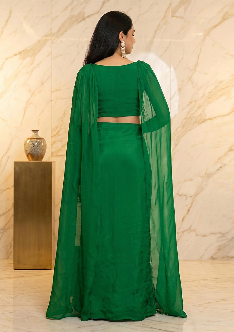 Emerald Green Embroidered Handwork Fusion Set - Indya