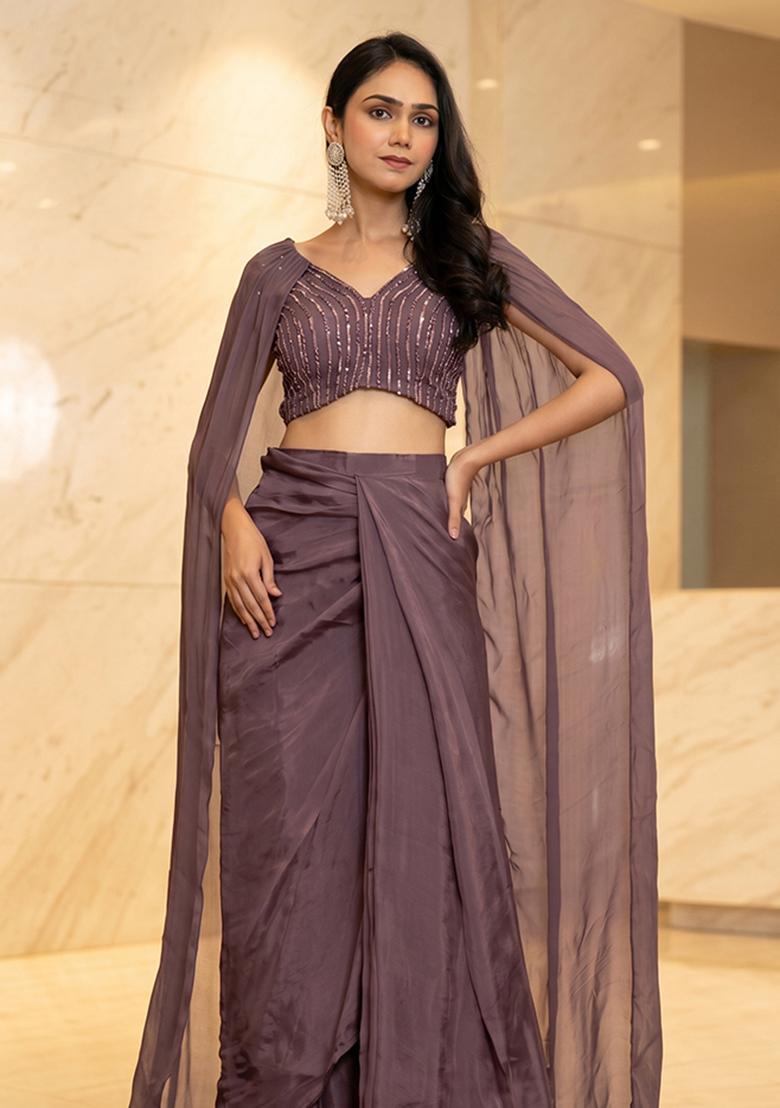 Mauve Embroidered Handwork Fusion Set - Indya