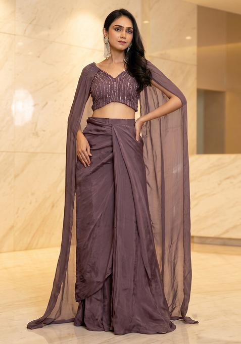 Mauve Embroidered Handwork Fusion Set