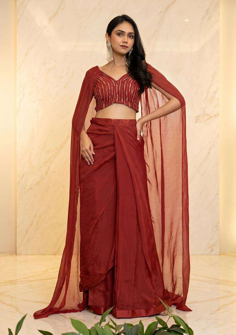 Maroon Embroidered Handwork Fusion Set - Indya