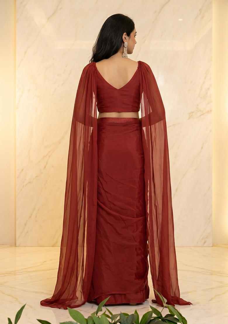 Maroon Embroidered Handwork Fusion Set - Indya