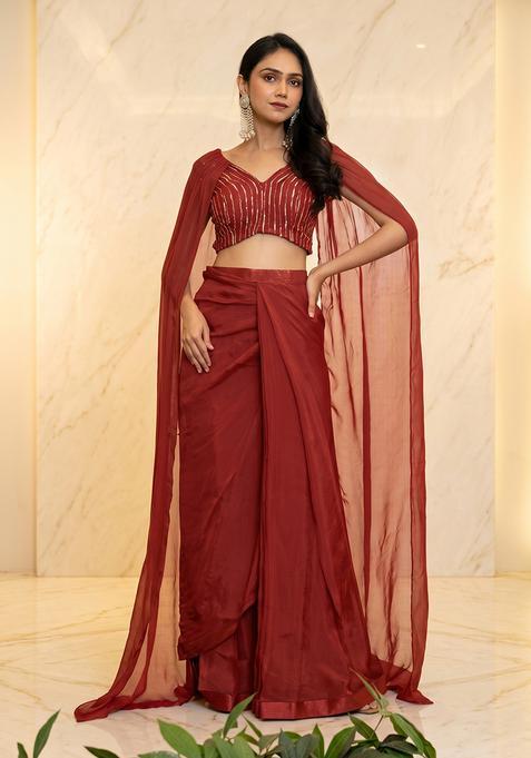 Maroon Embroidered Handwork Fusion Set