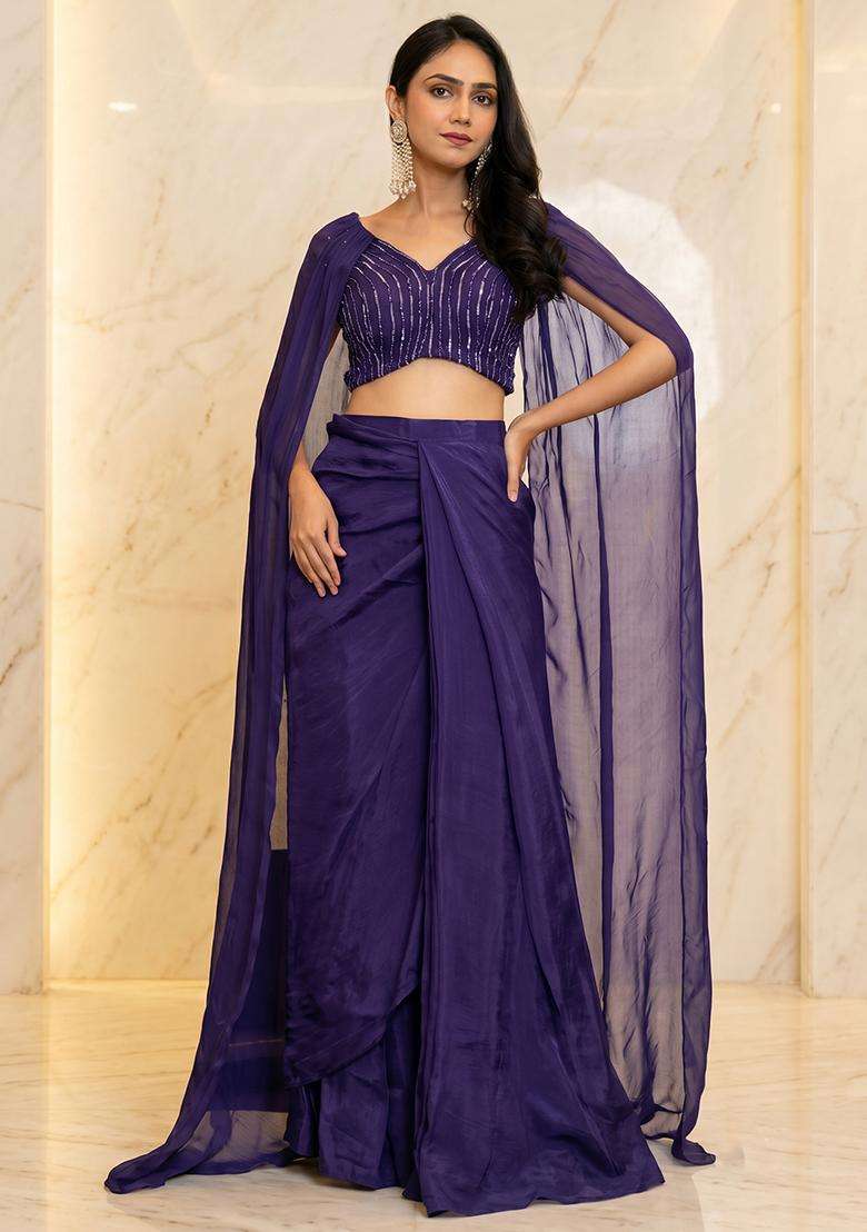 Violet Indigo Embroidered Handwork Fusion Set - Indya