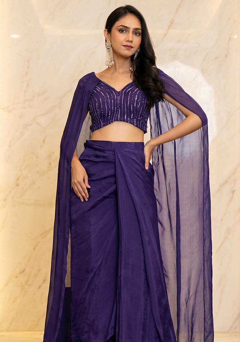 Violet Indigo Embroidered Handwork Fusion Set - Indya