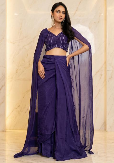 Violet Indigo Embroidered Handwork Fusion Set