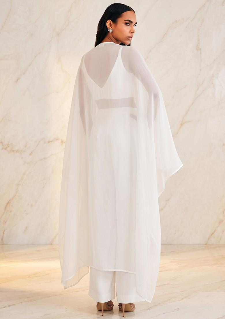 Off White Embroidered Handwork Fusion Set - Indya