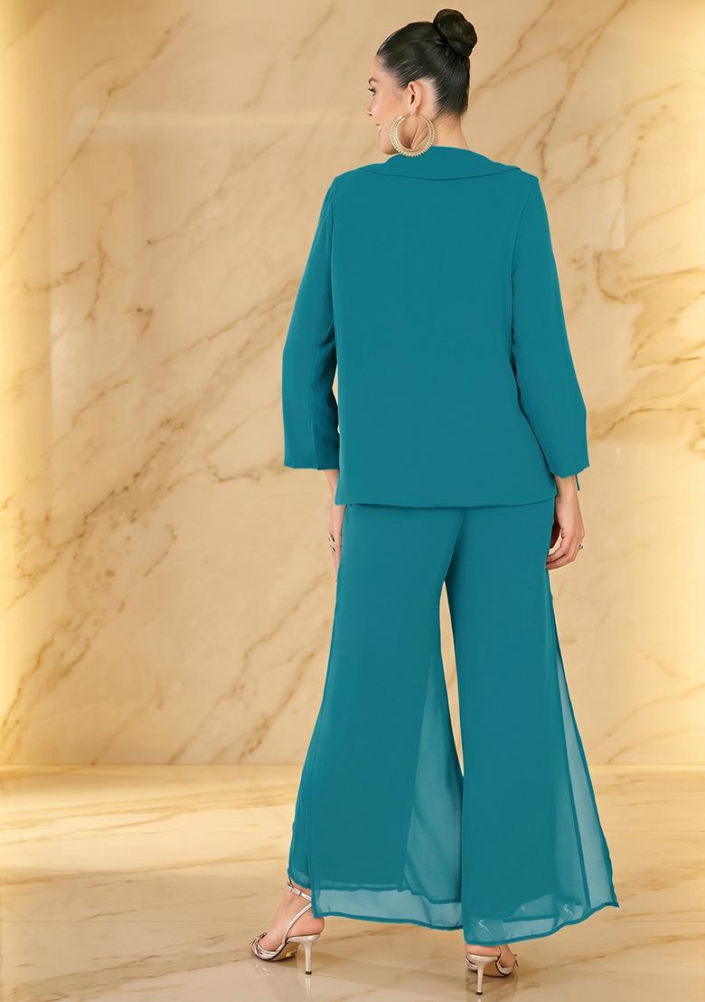 Blue Embroidered Handwork Fusion Set - Indya