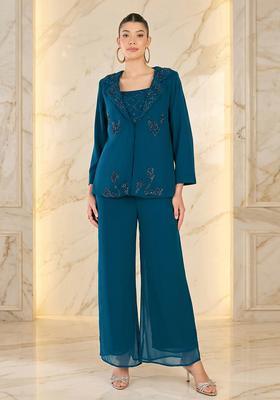 Deep Teal Embroidered Handwork Fusion Set