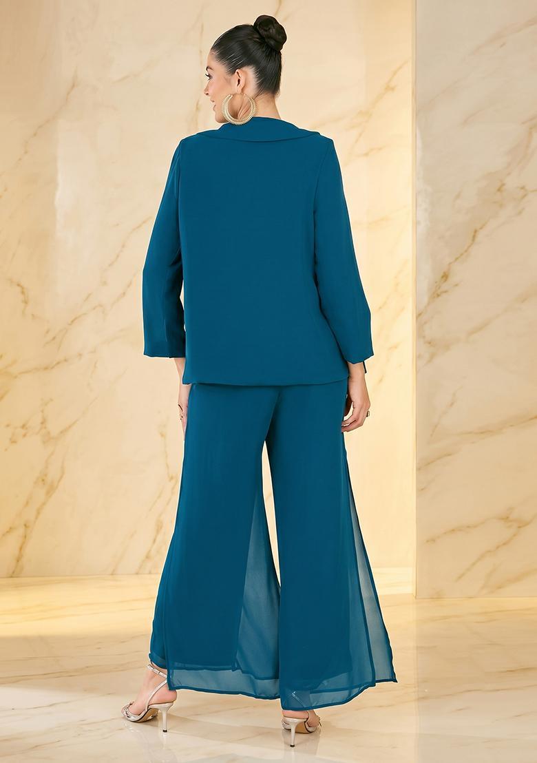 Deep Teal Embroidered Handwork Fusion Set - Indya