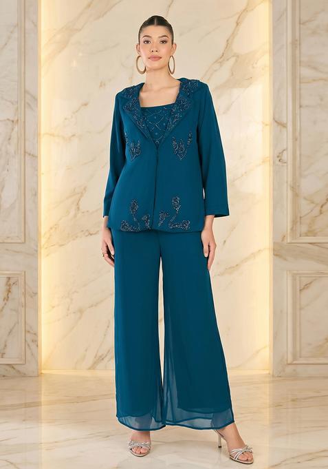 Deep Teal Embroidered Handwork Fusion Set