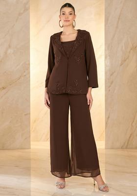 Brown Embroidered Handwork Fusion Set