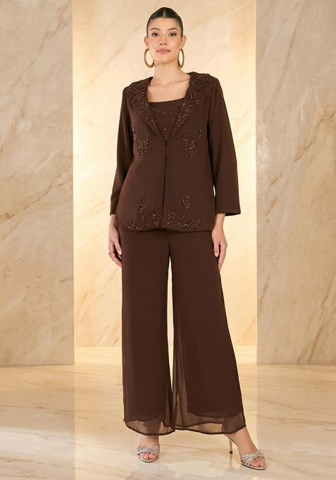 Brown Embroidered Handwork Fusion Set