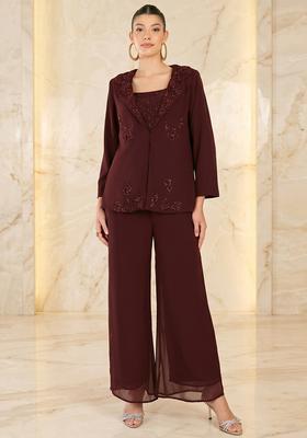 Brown Embroidered Handwork Fusion Set