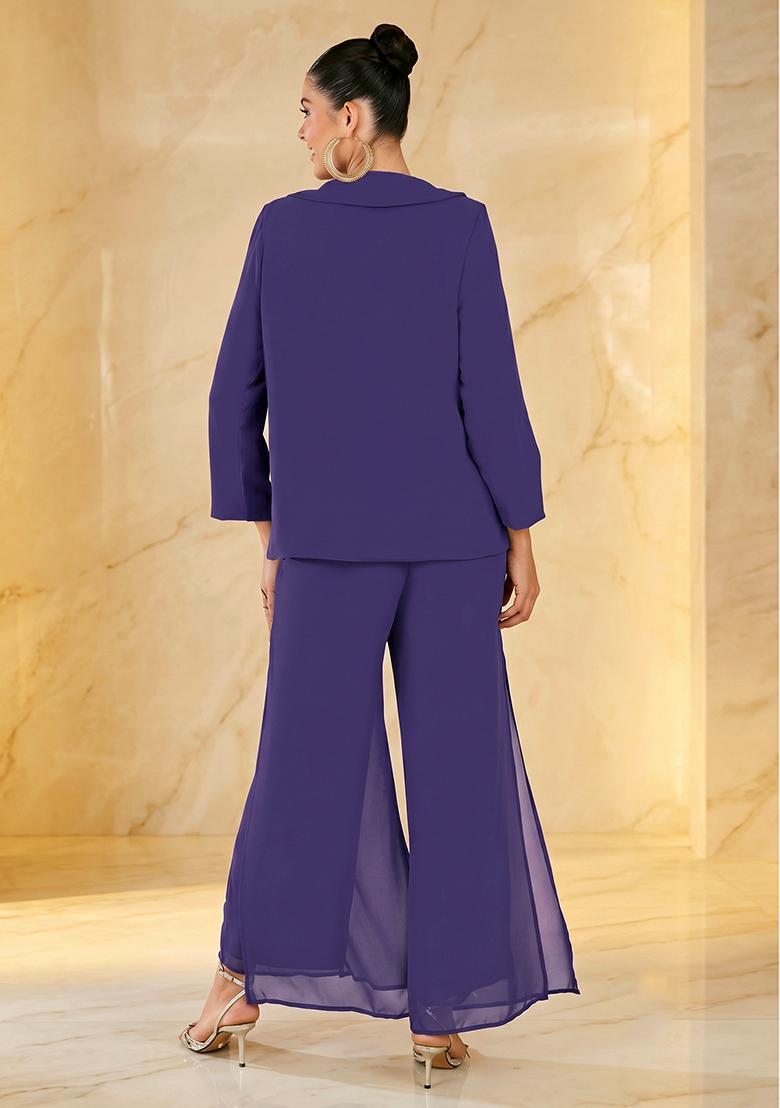 Purple Embroidered Handwork Fusion Set - Indya