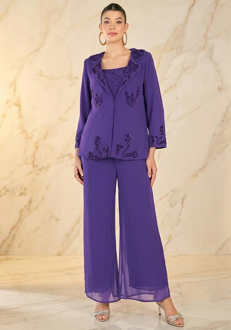 Purple Embroidered Handwork Fusion Set