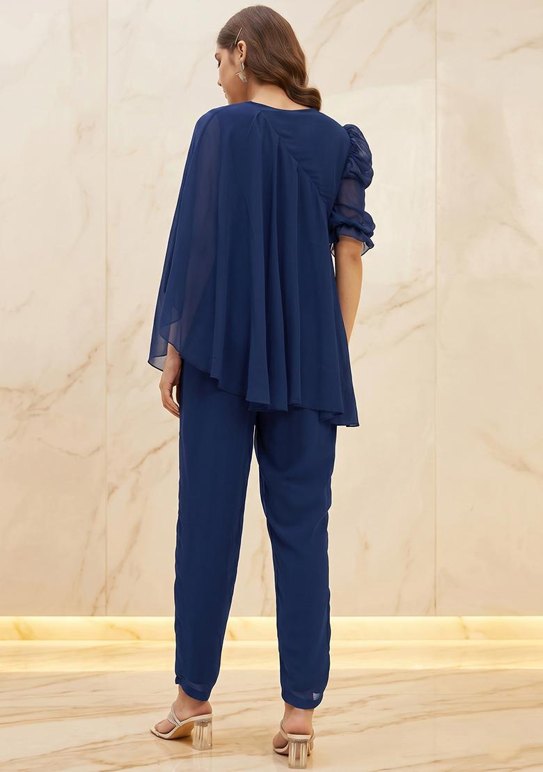 Navy Blue Embroidered Handwork Fusion Set - Indya