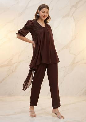Deep Brown Embroidered Handwork Fusion Set