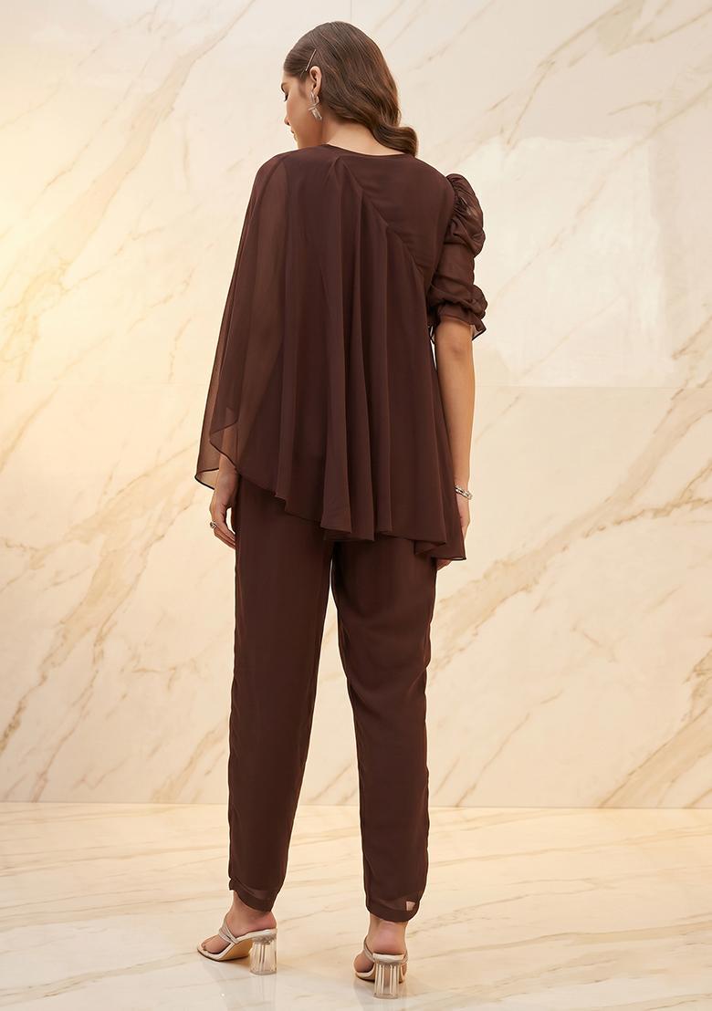 Deep Brown Embroidered Handwork Fusion Set - Indya
