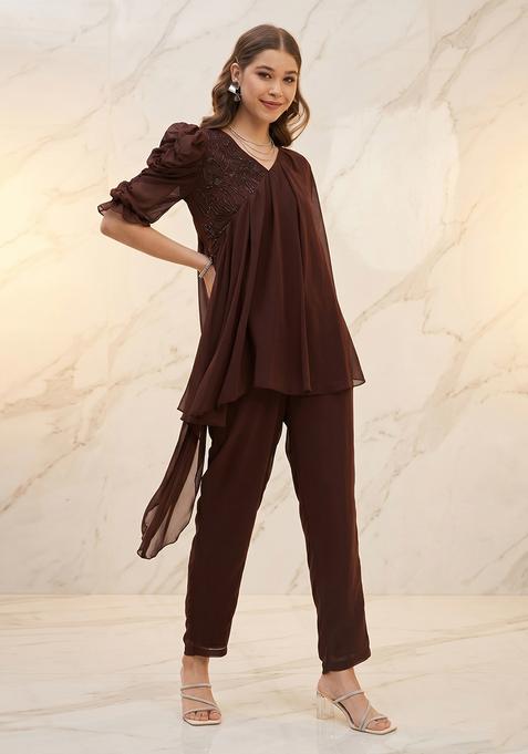 Deep Brown Embroidered Handwork Fusion Set