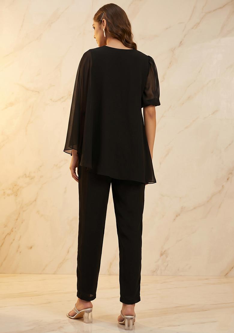 Black Embroidered Handwork Fusion Set - Indya