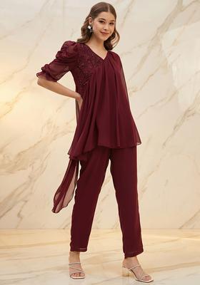 Maroon Embroidered Handwork Fusion Set