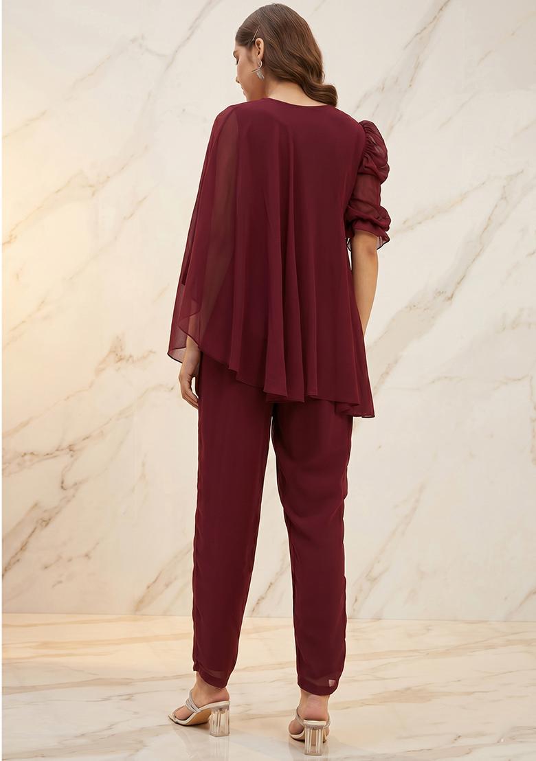 Maroon Embroidered Handwork Fusion Set - Indya