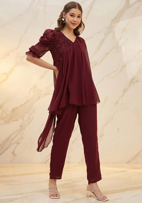 Maroon Embroidered Handwork Fusion Set