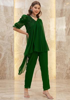 Bottle Green Embroidered Handwork Fusion Set