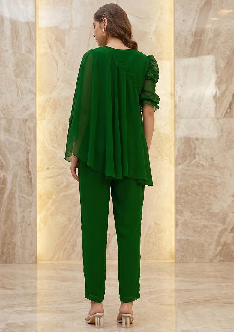 Bottle Green Embroidered Handwork Fusion Set - Indya