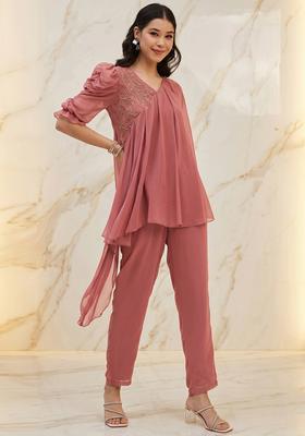 Dusty Rose Embroidered Handwork Fusion Set