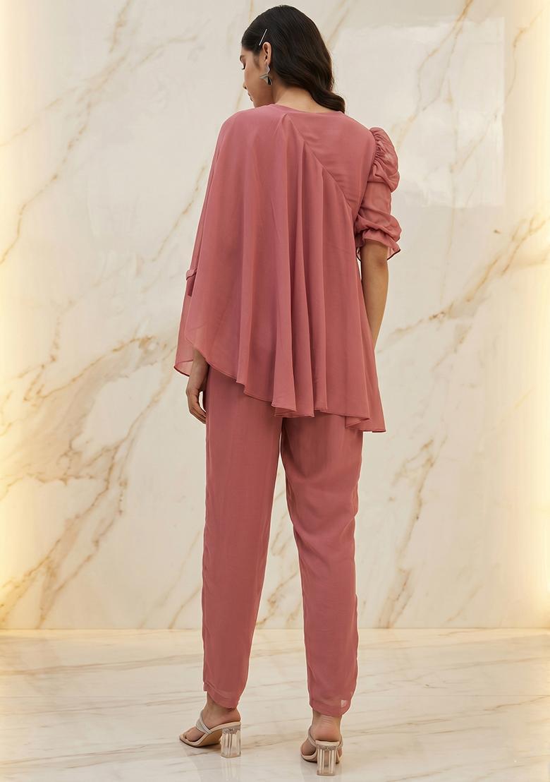 Dusty Rose Embroidered Handwork Fusion Set - Indya